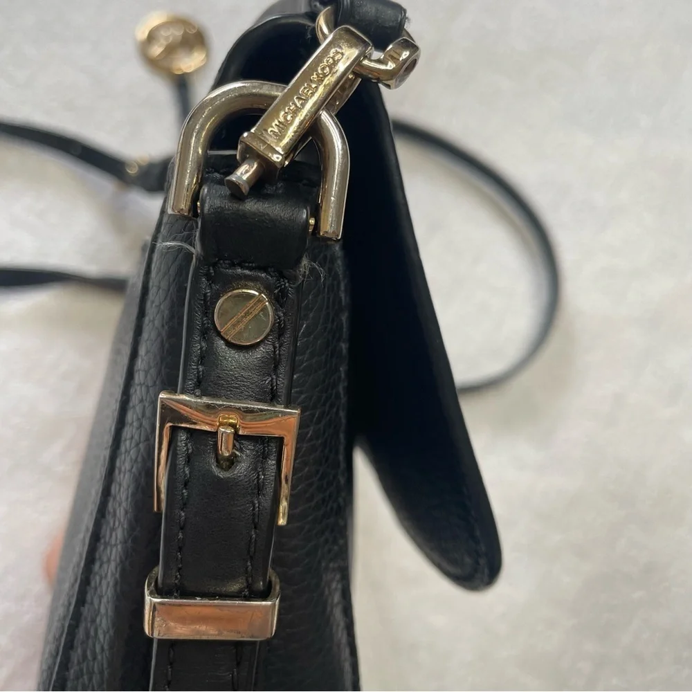 Michael Kors Black Leather‎ Crossbody with Gold MK Charm~ Classic Must Have